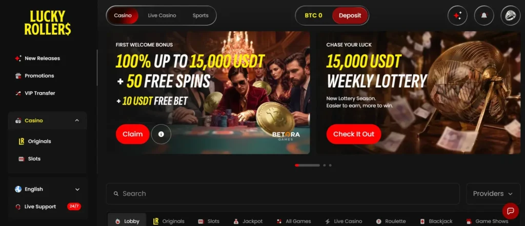 Lucky Rollers Casino official website homepage with casino sportsbook poker and live dealer sections