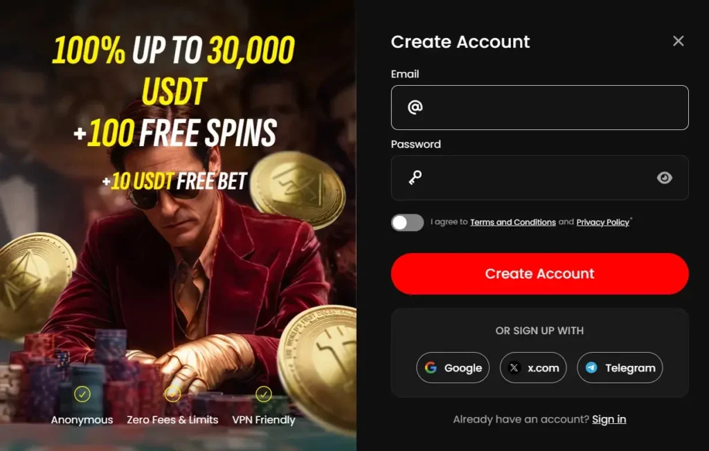 Lucky Rollers registration page showing email and social media sign up options