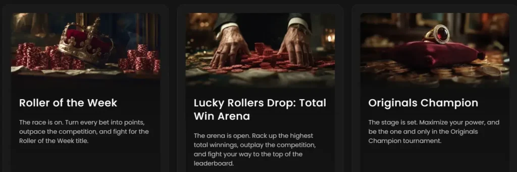 Online Lucky Rollers Casino tournaments page showing daily weekly and monthly competitions